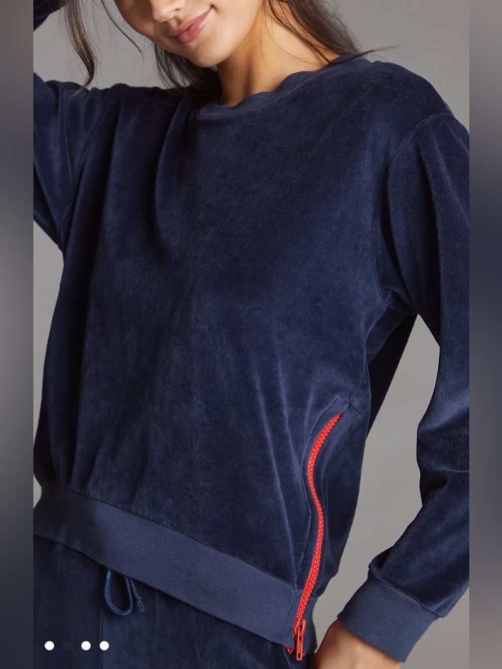 Anthropologie Sundry Size 2 Blue Velvet Sweatshirt W/ Side Zipper Decal